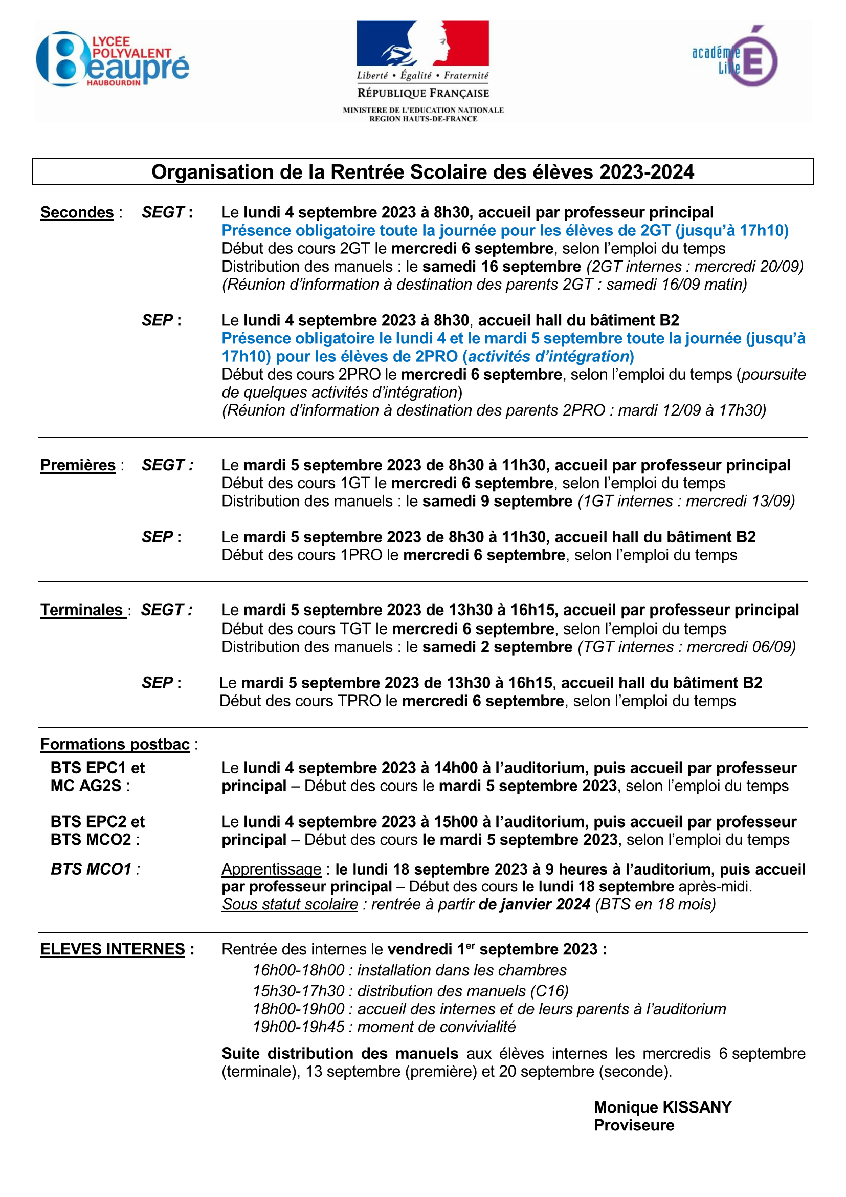 LPO Beaupré – Organisation de la Rentrée Scolaire des élèves -2023-2024_Page_1
